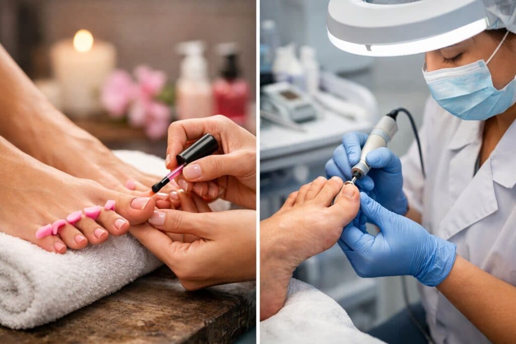 Imagem comparativa de esmaltação das unhas e cuidado podológico com instrumento